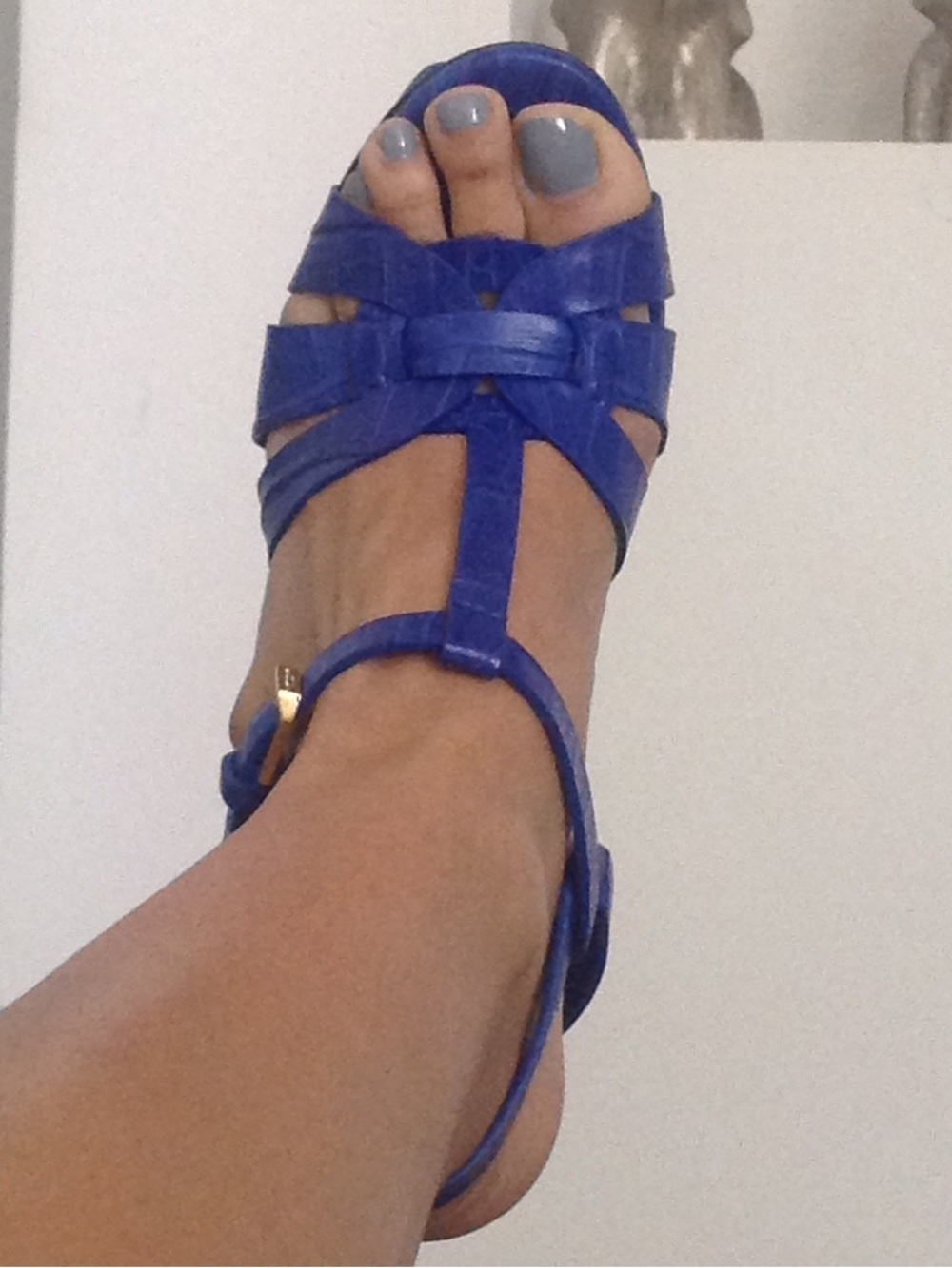 SAINT LAURENT TRIBUTE SANDAL IN BLUE CROC LEATHER T-Strap Ankle-Buckle Sandals